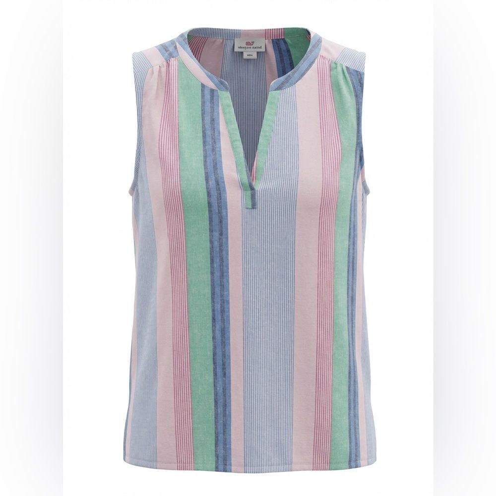 VINEYARD VINES WOMENS MULTICOLORED STRIPED SLEEVELESS LINEN BLEND BLOUSE SIZE L